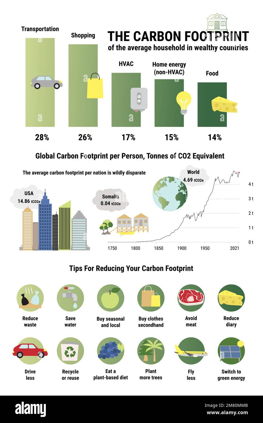 Infographie sur l'empreinte carbone d'un ménage moyen dans les pays riches. Conseils pour réduire votre empreinte carbone personnelle. Amélioration de l'environnement c Illustration de Vecteur