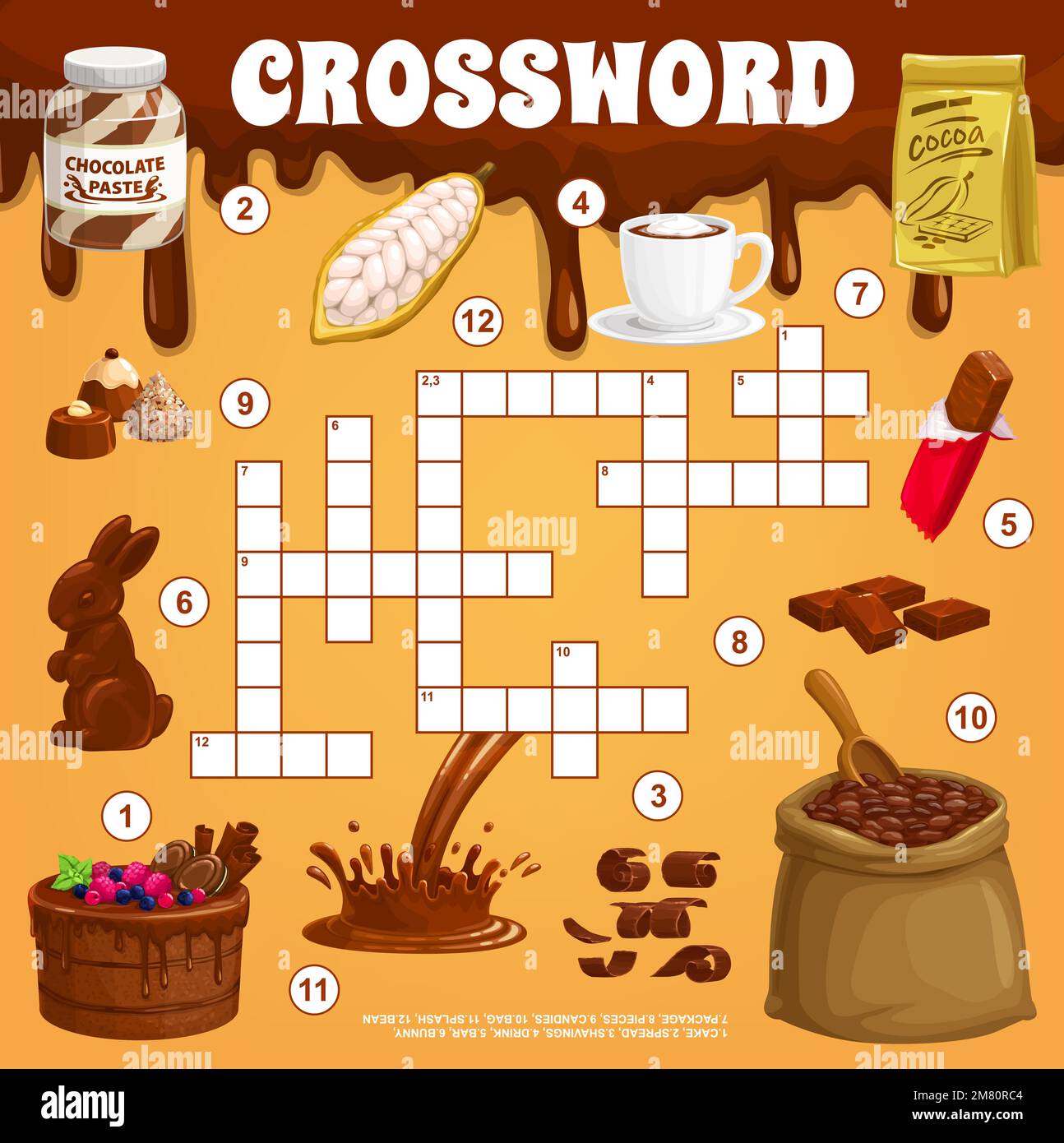 Cacao et chocolat. Grille de mots croisés. Trouvez un jeu de quiz, un jeu de mots croisés ou une