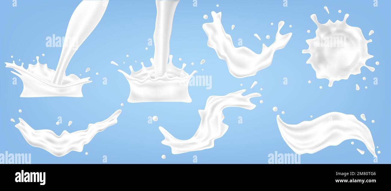 Éclaboussures de liquide blanc crémeux. Lait coulant. Substance protéique fondue et goutte à goutte. Illustration vectorielle. SPE 10. Illustration de Vecteur