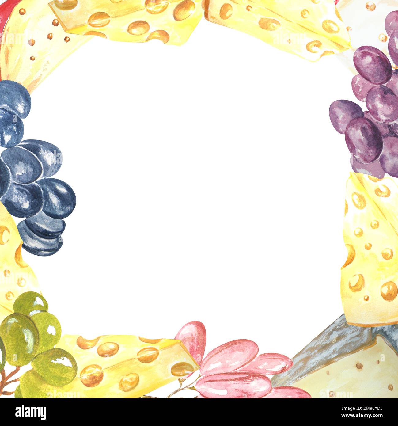 Cadre aquarelle avec fromage et raisins sur fond blanc. La trame peut être utilisée comme élément pour les projets, les marchandises, les cartes postales et les marques commerciales Banque D'Images