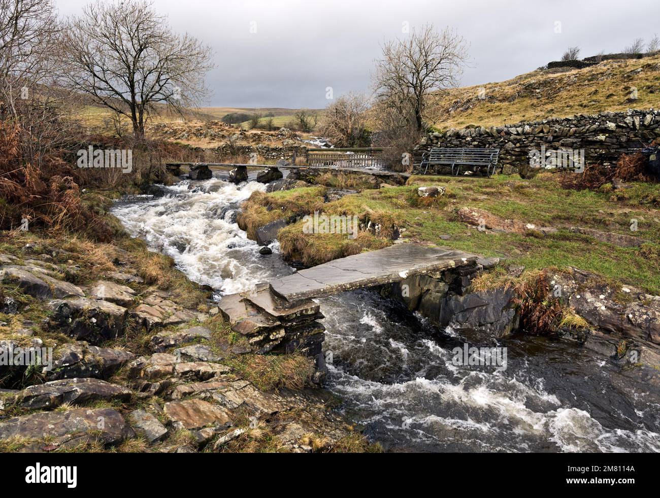 Une forte pluie fait déborder le cours d'eau qui coule sous les anciens ponts clapper à Crummackdale près d'Austwick, dans le parc national de Yorkshire Dales, au Royaume-Uni Banque D'Images