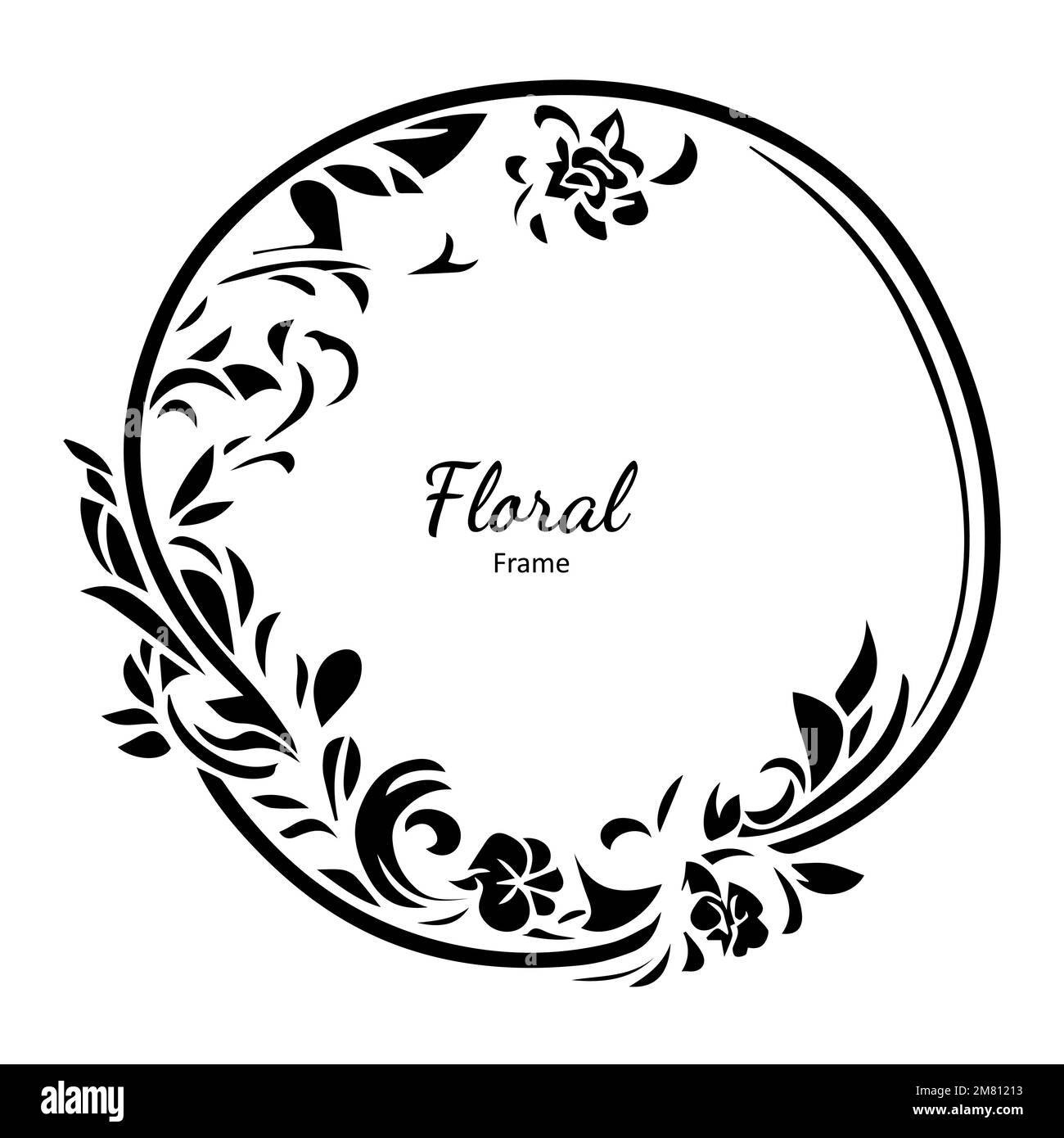 Couronne à fleurs vectorielles art déco ornée, bordure de cercle de mariage noir et blanc, cadre, motif nature fleuri Illustration de Vecteur