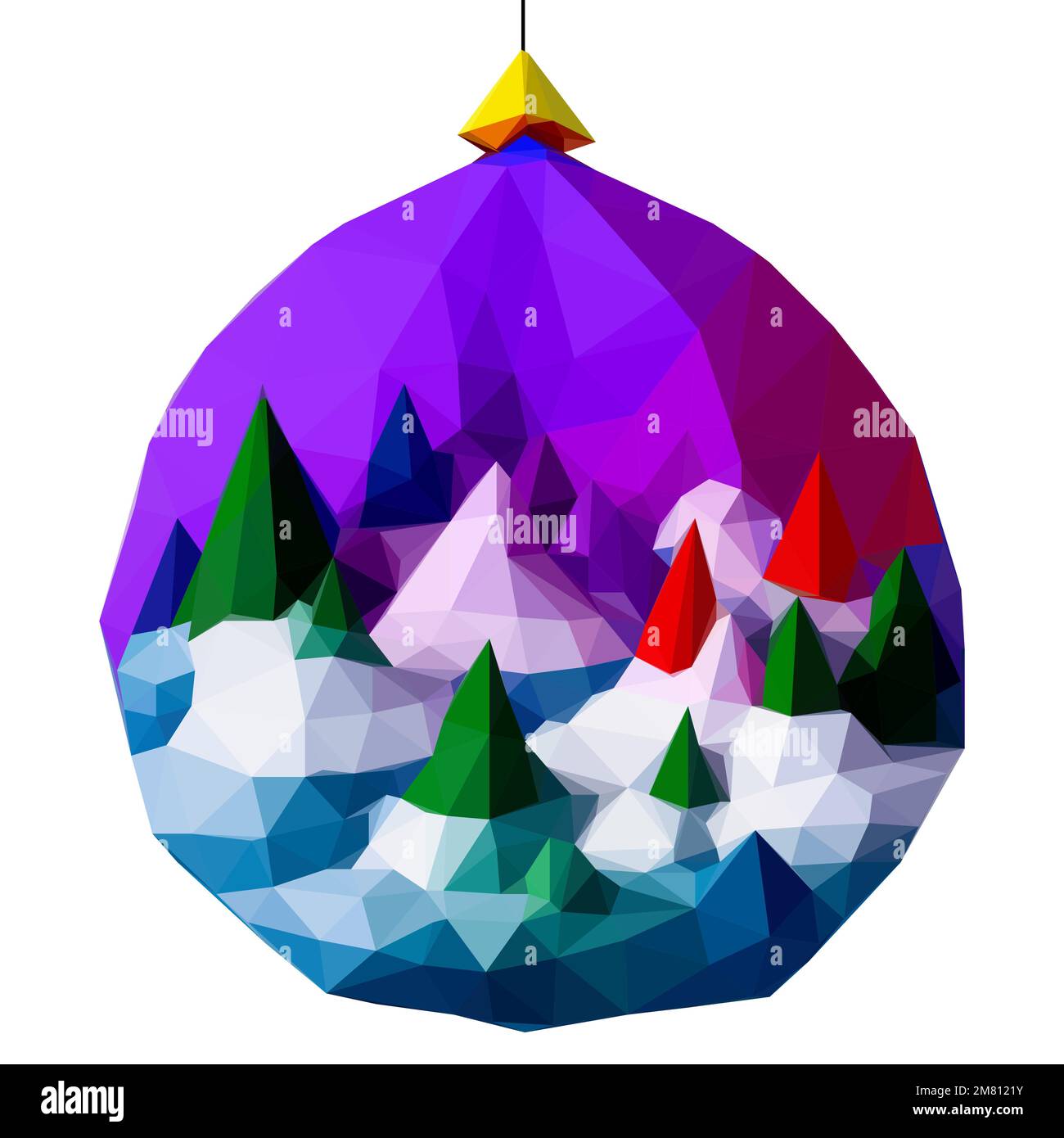 Noël Low Poly Magic ball avec 3D montagnes et fermes, nuit paysage géométrique dans jouet de Noël. Objet isolé de nouvelle année clipart Illustration de Vecteur