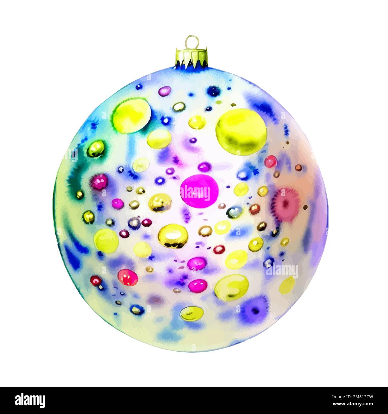 Boule de Noël magique à l'aquarelle vectorielle, boule de Noël peinte multicolore, bonne année et joyeux Noël ! Illustration de Vecteur