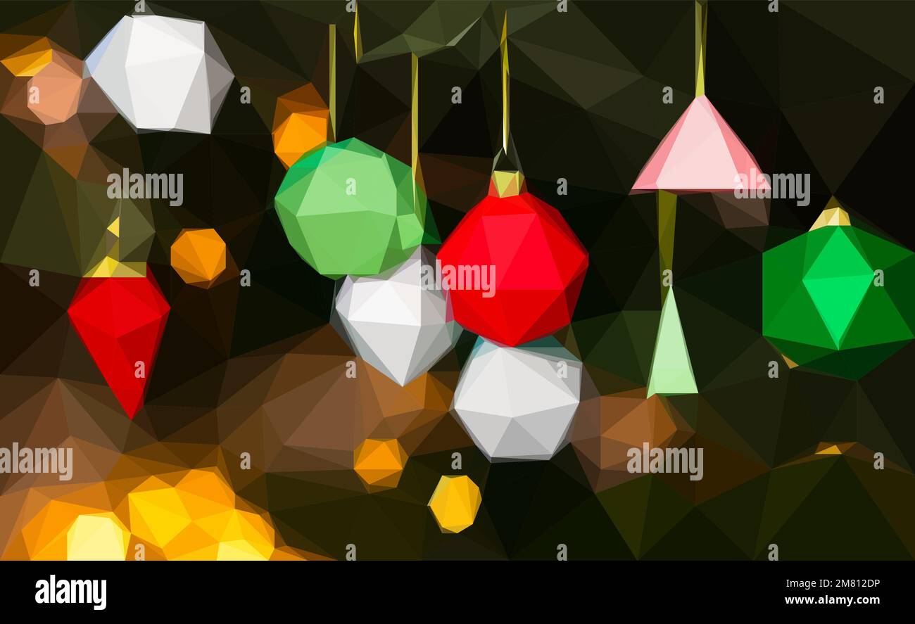 Arbre de Noël décoré avec des jouets en polyéthylène basse coolée, des boules sur un fond de fée flou, étincelant et fabuleux avec de beaux bokeh géométriques, de Illustration de Vecteur