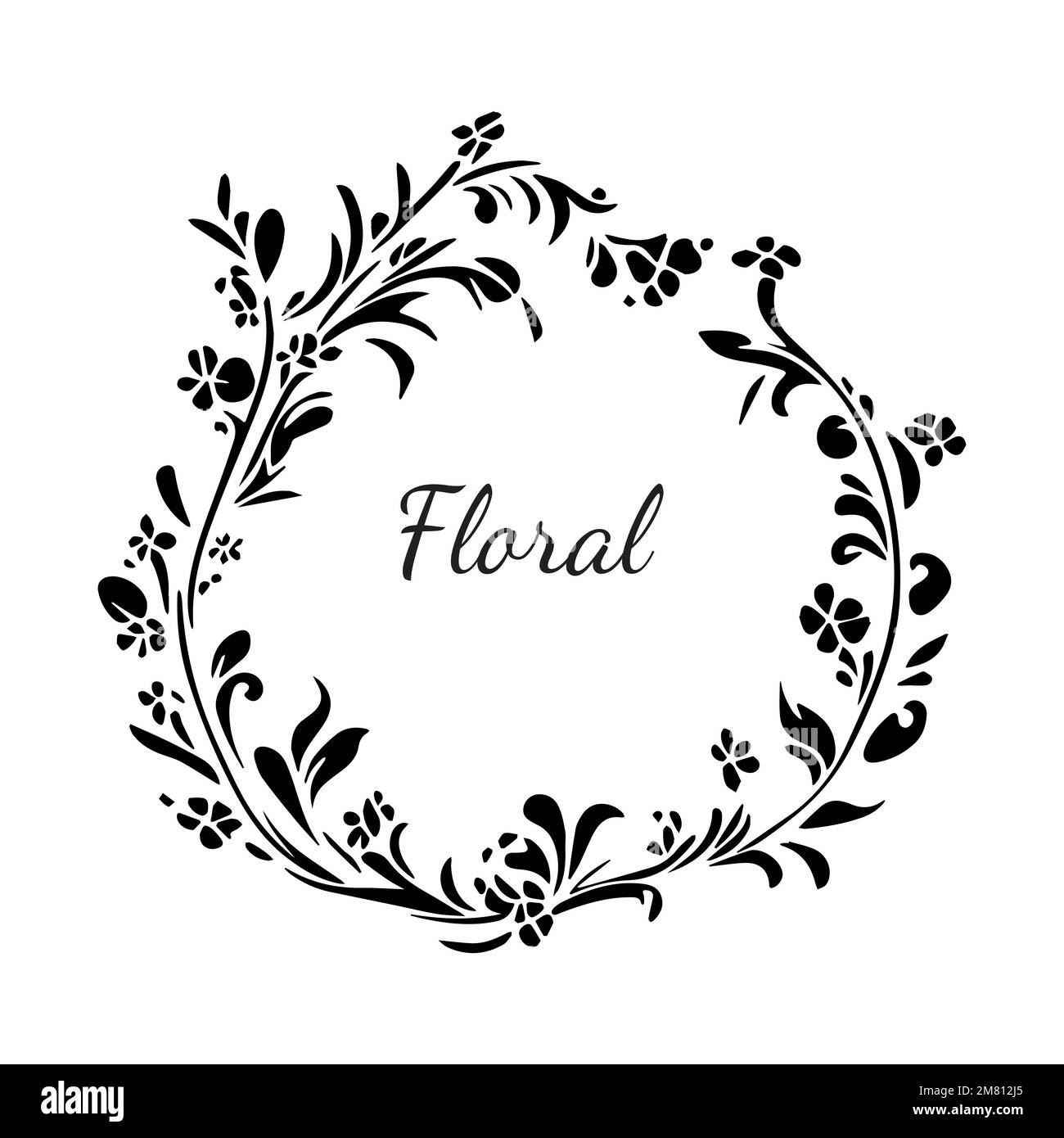Couronne à fleurs vectorielles art déco ornée, bordure de mariage noire et blanche, cadre, motif nature fleuri Illustration de Vecteur