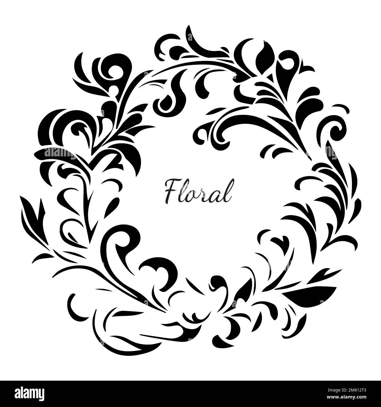 Couronne à fleurs vectorielles art déco ornée, bordure de cercle de mariage noir et blanc, cadre, motif nature fleuri Illustration de Vecteur