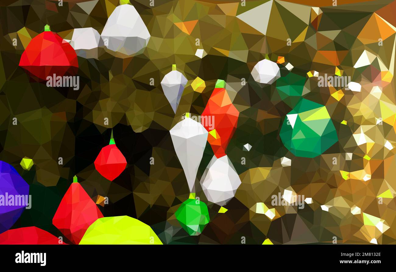 Arbre de Noël décoré avec des jouets en polyéthylène basse coolée, des boules sur un fond de fée flou, étincelant et fabuleux avec de beaux bokeh géométriques, de Illustration de Vecteur