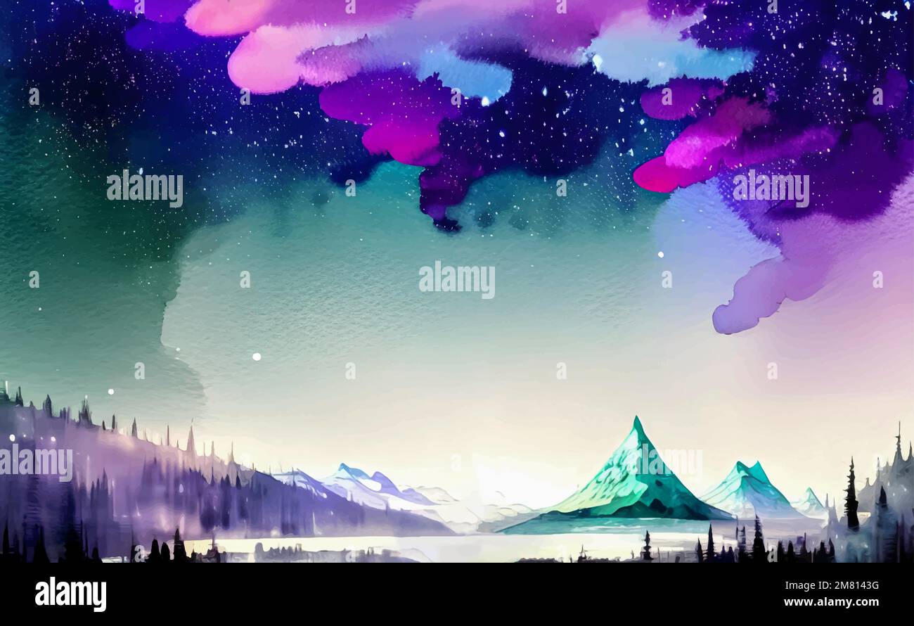 Vecteur Aurora Boréal, aquarelle nuit silhouette abstraite avec montagnes, lac et ciel cosmique, constellation, Voyage paysage papier peint avec avant Illustration de Vecteur