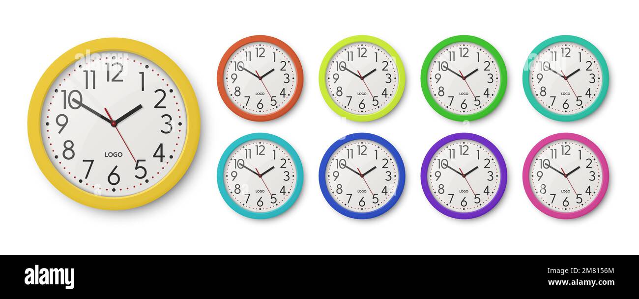 Vector 3D Realistic Different Colors ensemble d'horloge de bureau à paroi ronde, modèle de conception isolé. Cadran blanc, maquette d'horloge murale pour marquage, annonce Illustration de Vecteur