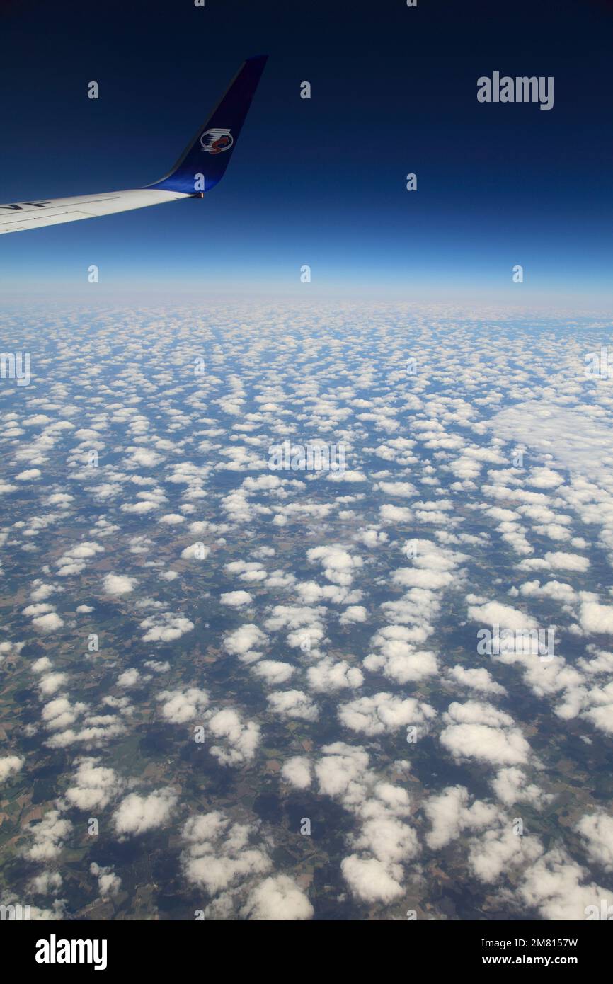 Vue depuis la fenêtre de l'avion du logo et de l'aile de TS Airlines, avec des nuages Altocumulus Stratiformis. Banque D'Images