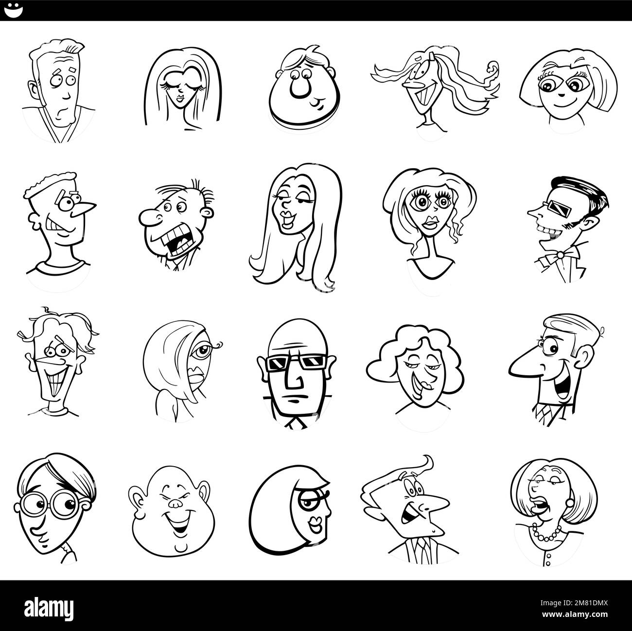 Dessin animé noir et blanc illustration de personnages drôles visages et émotions ensemble Illustration de Vecteur