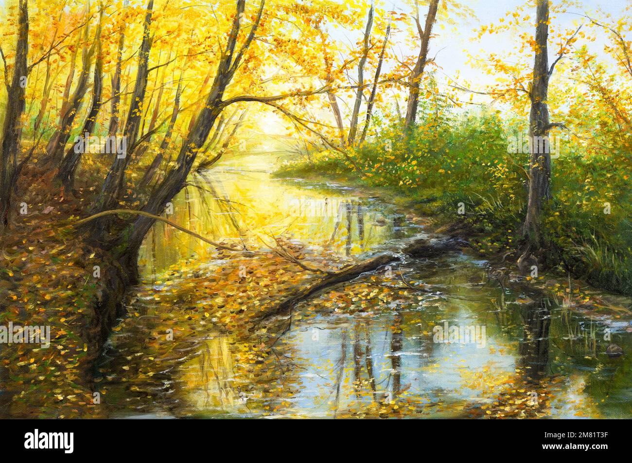 Peinture à l'huile originale de paysage d'automne magnifique, forêt, montagnes et rivière sur toile.Impressionnisme moderne, modernisme, marinisme Banque D'Images
