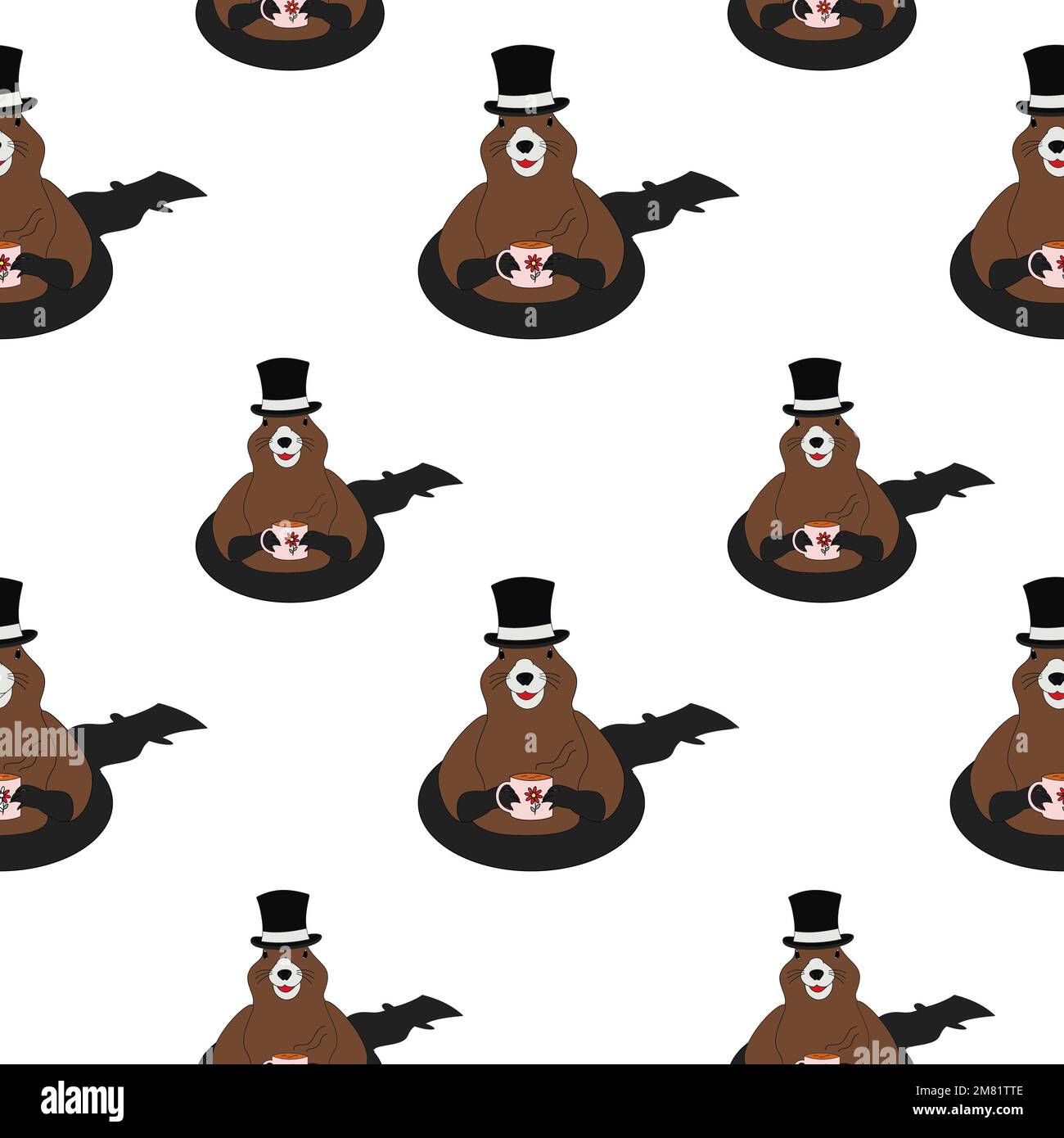 Motif sans couture de marmotte dans un chapeau avec une tasse dans ses pattes sortant de son trou et de l'ombre derrière. Bonne journée de marmotte. Isoler. Idéal pour poster, cartes, toile de fond, emballage ou papier peint, étiquette. EPS Illustration de Vecteur