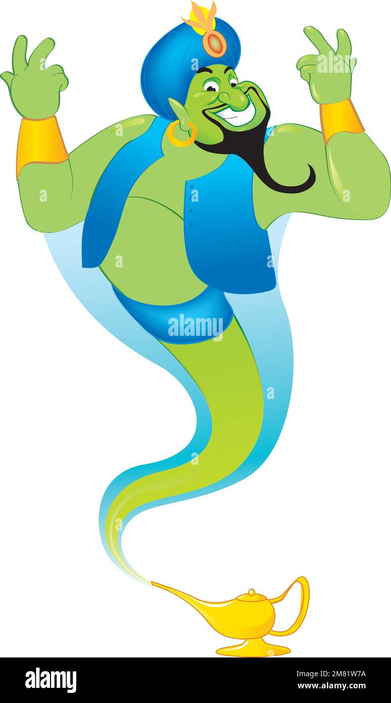Smart Genie est heureux et de pointer avec les doigts fron conte sur Aladdin. Illustration graphique vectorielle. Illustration de Vecteur
