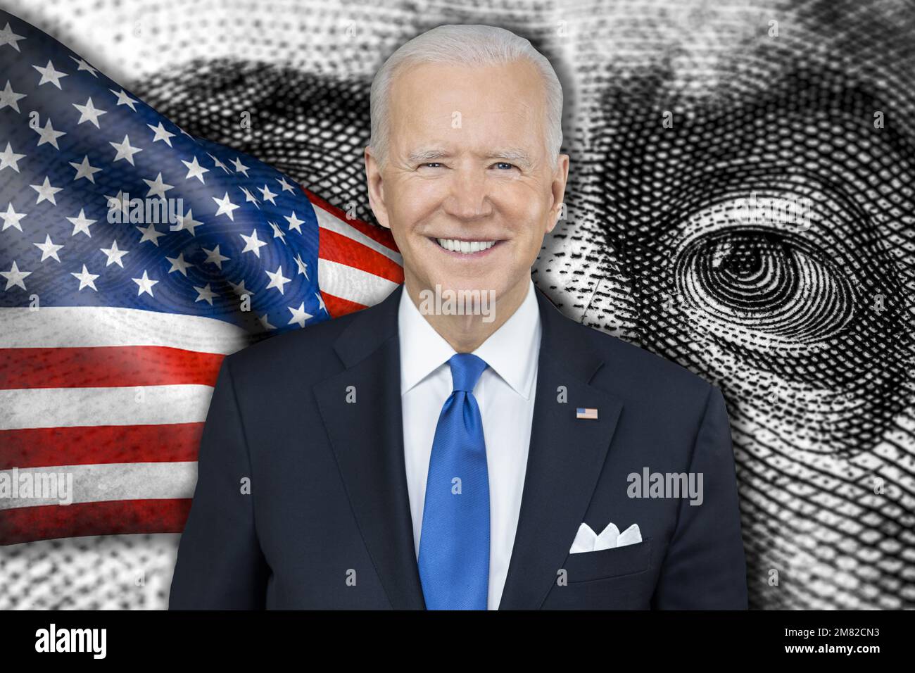 Joe Biden, drapeau américain et billets en dollars Banque D'Images