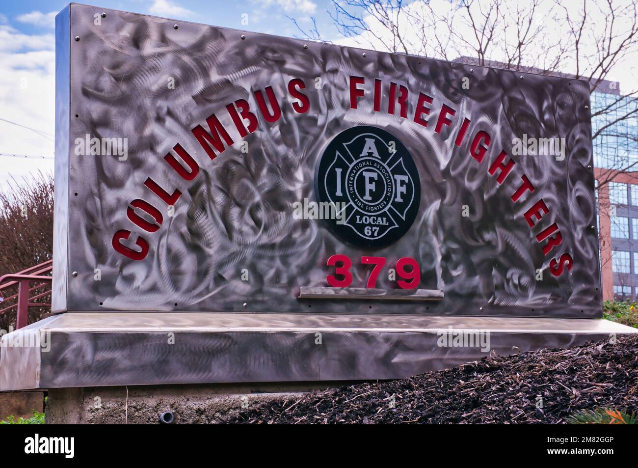 Panneau pour le Columbus Firefighters Union local no 67. Banque D'Images