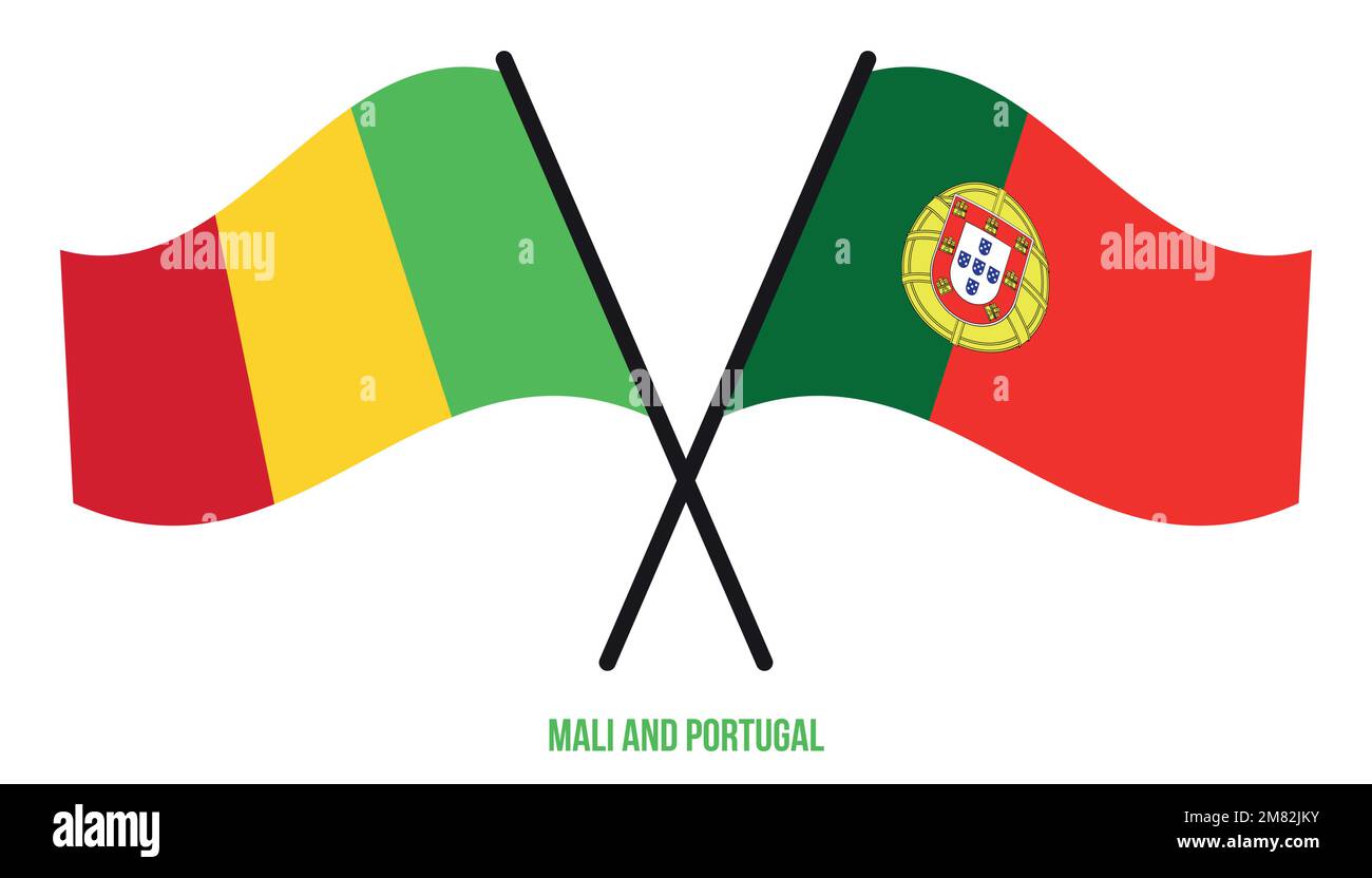 Mali et Portugal drapeaux croisés et ondulés de style plat. Proportion officielle. Corriger les couleurs. Illustration de Vecteur