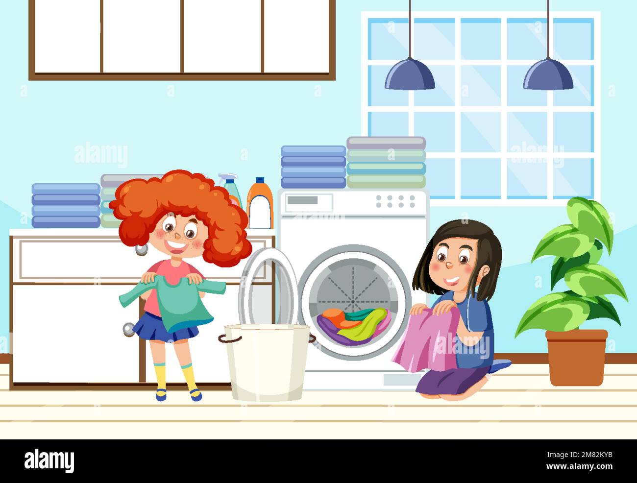 Filles faisant du linge à la maison illustration Illustration de Vecteur