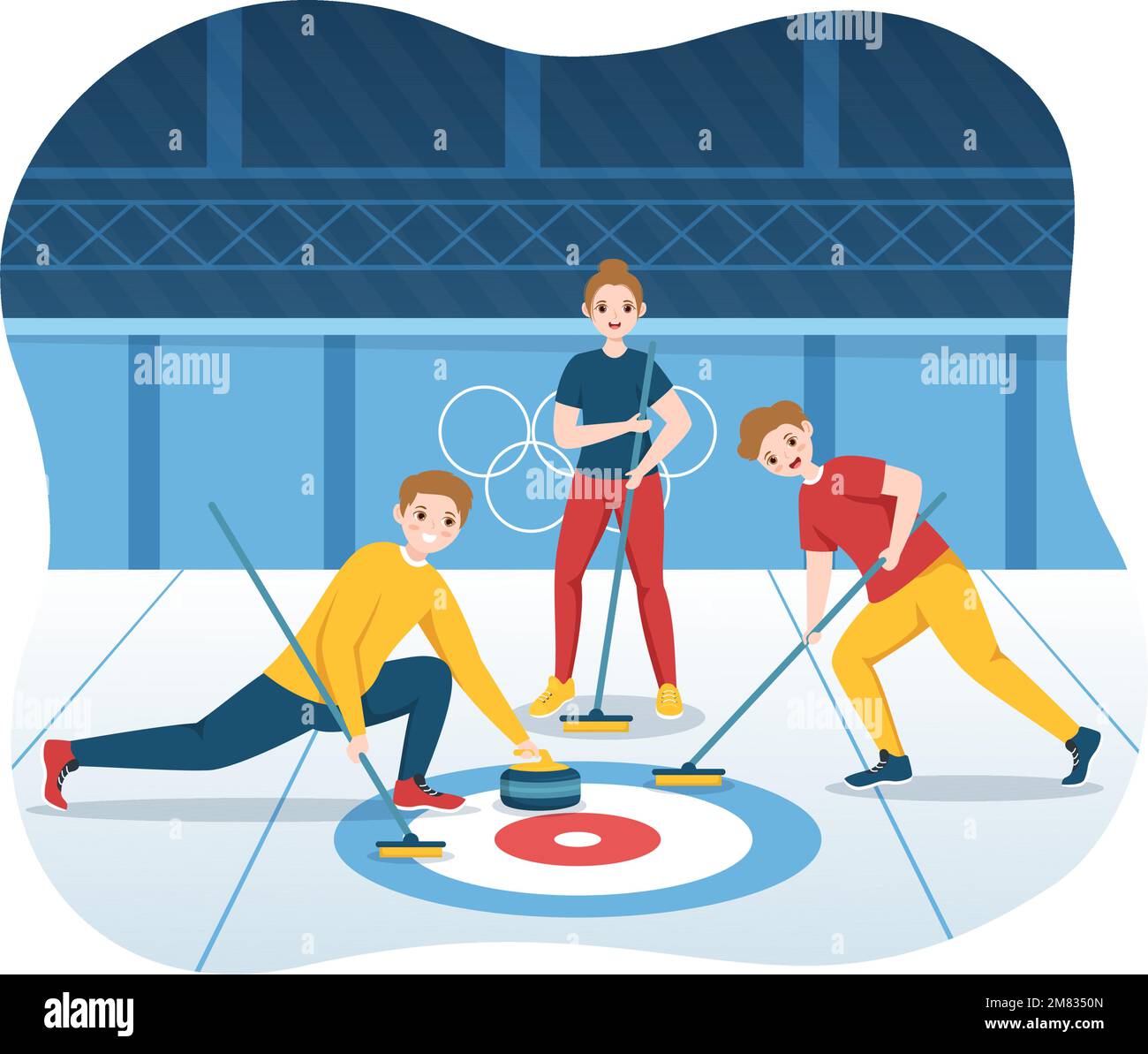 Illustration du sport de curling avec jeu d'équipe de rochers et de balais  en anneau de glace rectangulaire dans le modèle de dessin à la main de  dessin à la main de