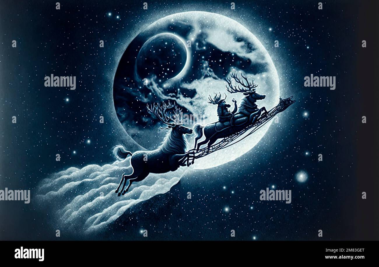 Vol en traîneau tiré par un renne au-dessus du ciel nocturne à la veille de noël. Hiver vacances magie fond. Banque D'Images