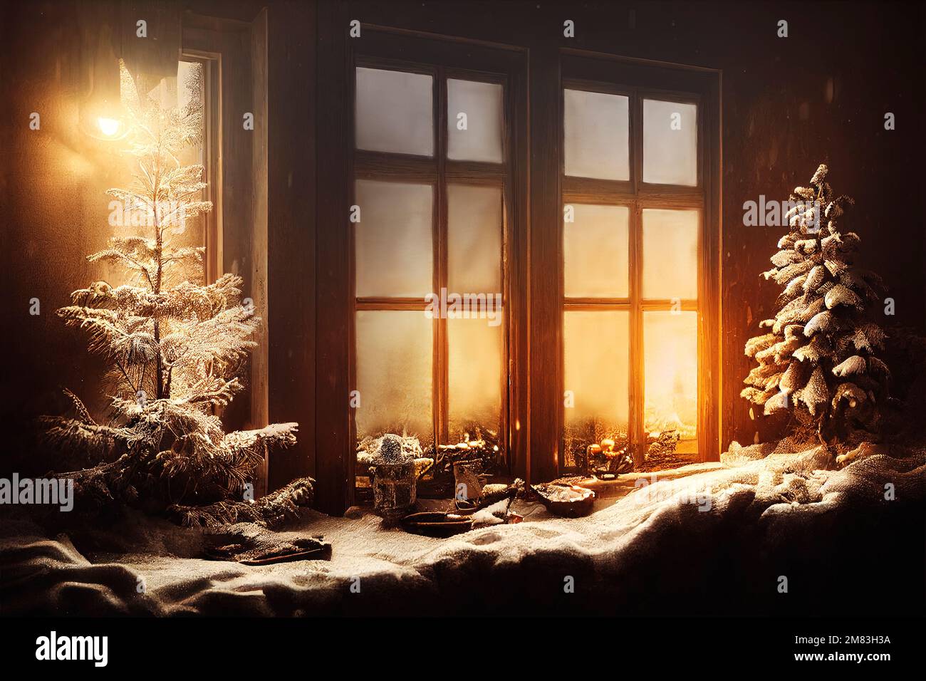 Fenêtre rustique couverte de neige le soir de noël. Noël idyllique et arrière-plan rétro de la nouvelle année. Vue sur la scène des vacances d'hiver par la fenêtre de la maison gelée. Banque D'Images