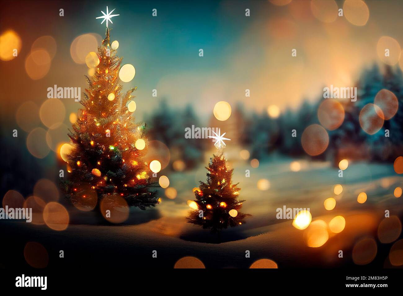 Sapin de Noël, flocons de neige et lumières de bokeh magiques illuminant dans la forêt d'hiver la nuit. Vacances de la Saint-Sylvestre dans les merveilles hivernales. Carte de vœux de Noël bac Banque D'Images