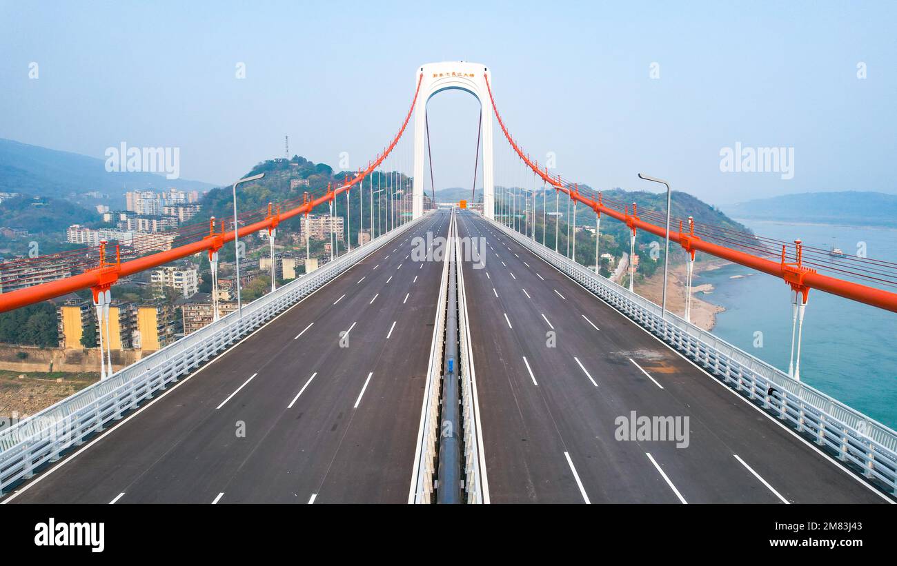 Photos aériennes du pont Guojiatuo à Chongqing, Chine, 9 janvier 2023. (Photo de ChinaImages/Sipa USA) Banque D'Images