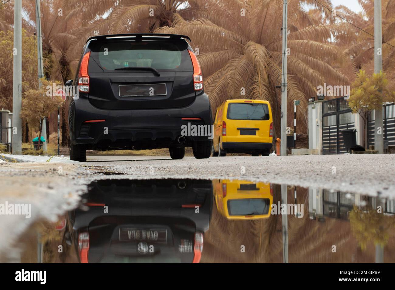 piscine d'eau stagnante après la pluie dans la rue asphaltée de la banlieue Banque D'Images
