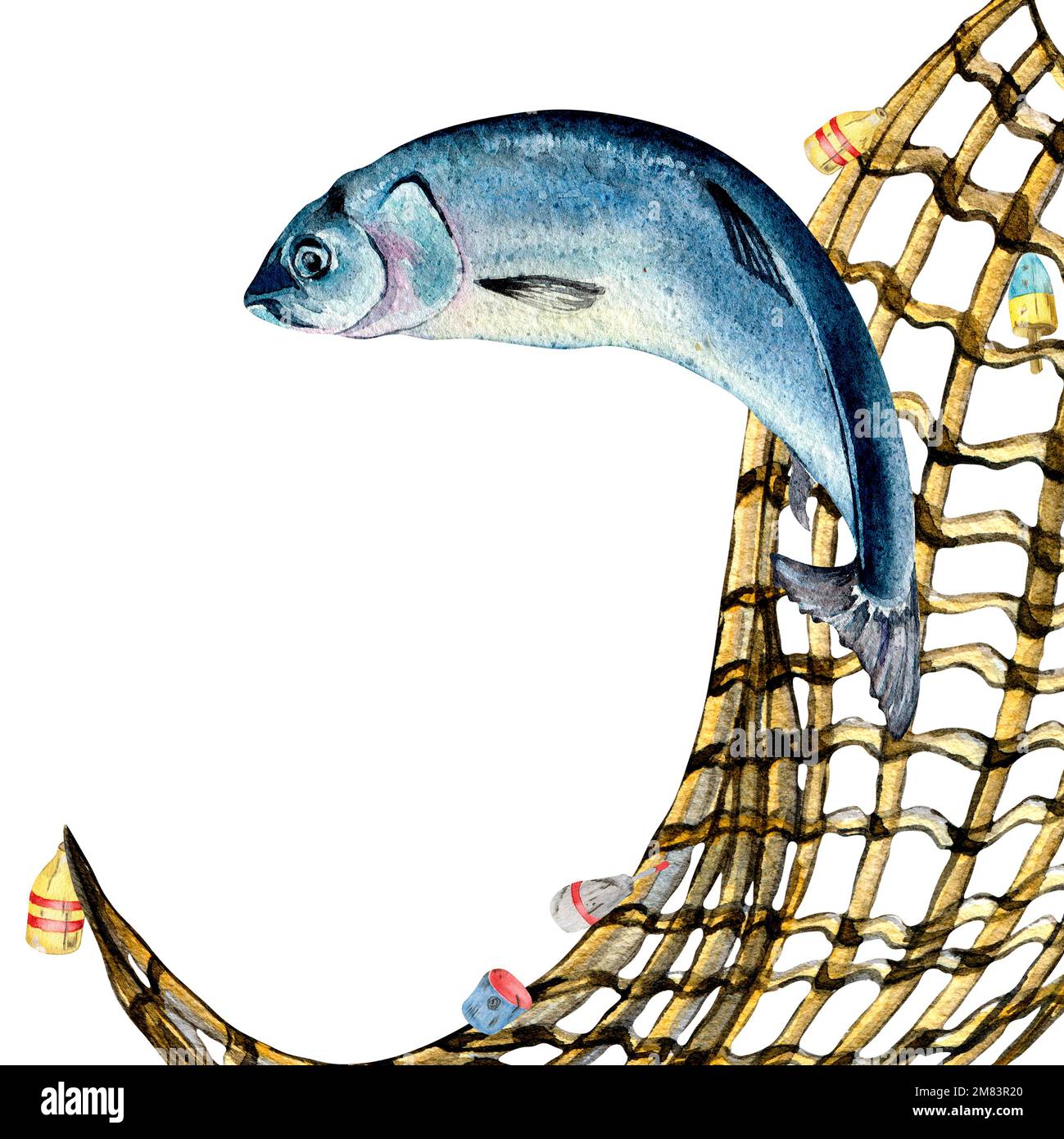 Composition de l'illustration de l'aquarelle du hareng et du fishnet isolée sur le blanc. Poisson frais de l'atlantique, filet de pêche tiré à la main. Elément de conception pour le package, Banque D'Images