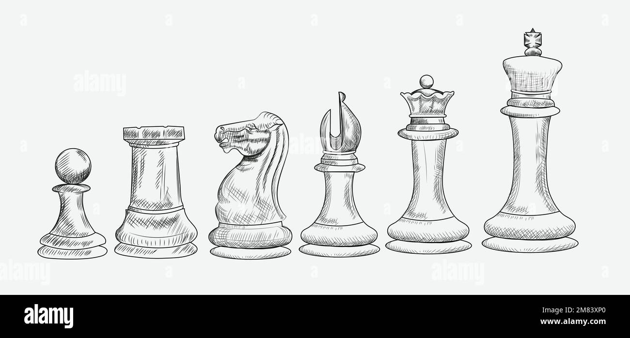 Ensemble d'esquisses dessinées à la main de pièces d'échecs Illustration de Vecteur