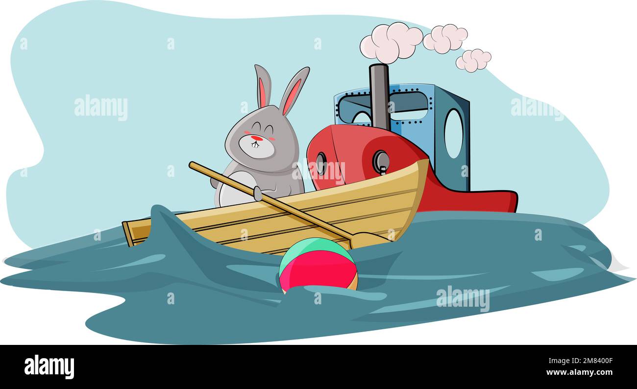 Un joli lapin est allé à la mer sur un bateau pour obtenir la balle qui a flotté loin Illustration de Vecteur