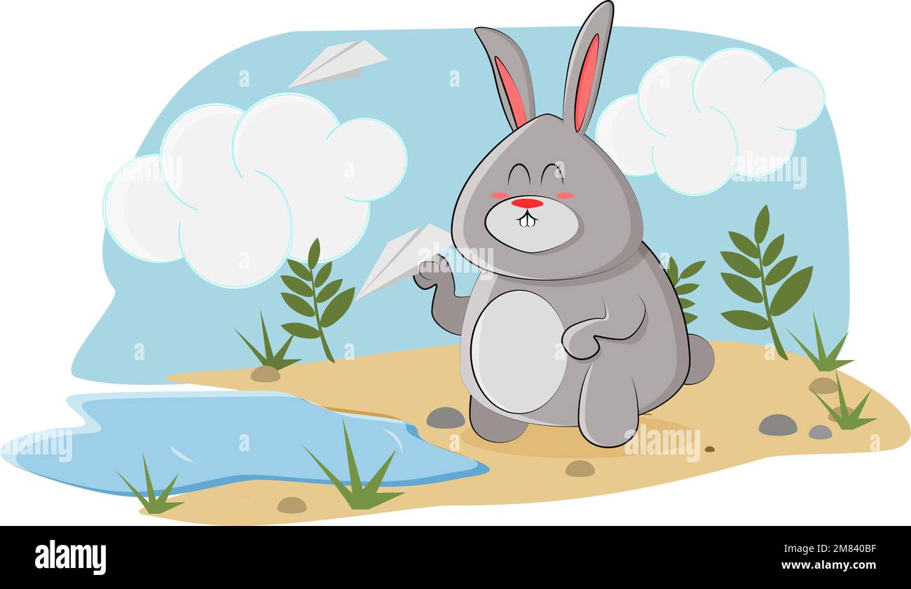 Mignon lapin lance un avion en papier lors d'une belle journée ensoleillée Illustration de Vecteur