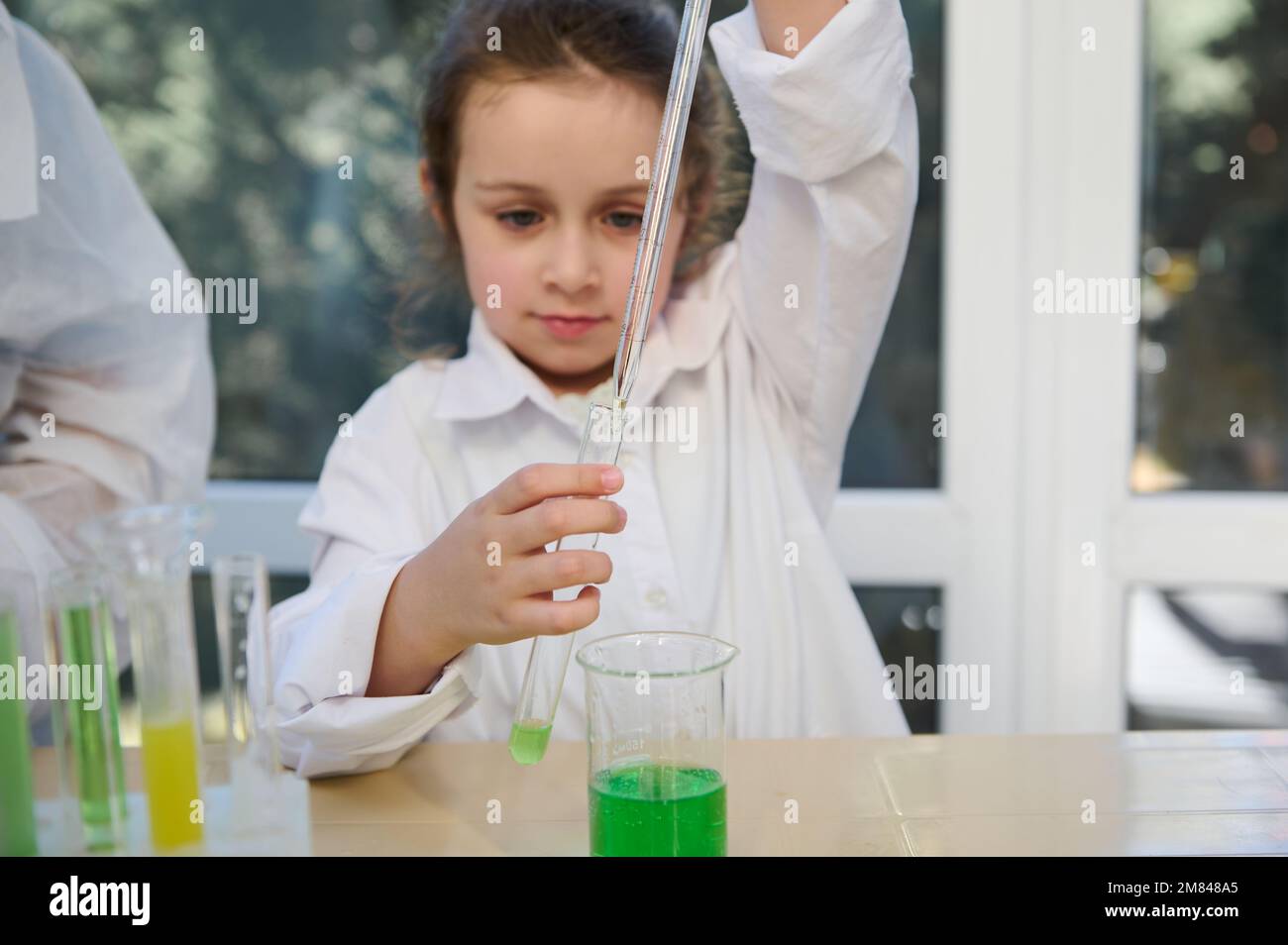 Détails: Les mains des écoliers à l'aide d'une pipette graduée, goutte peu de réactifs dans un tube à essai avec une substance liquide chimique Banque D'Images