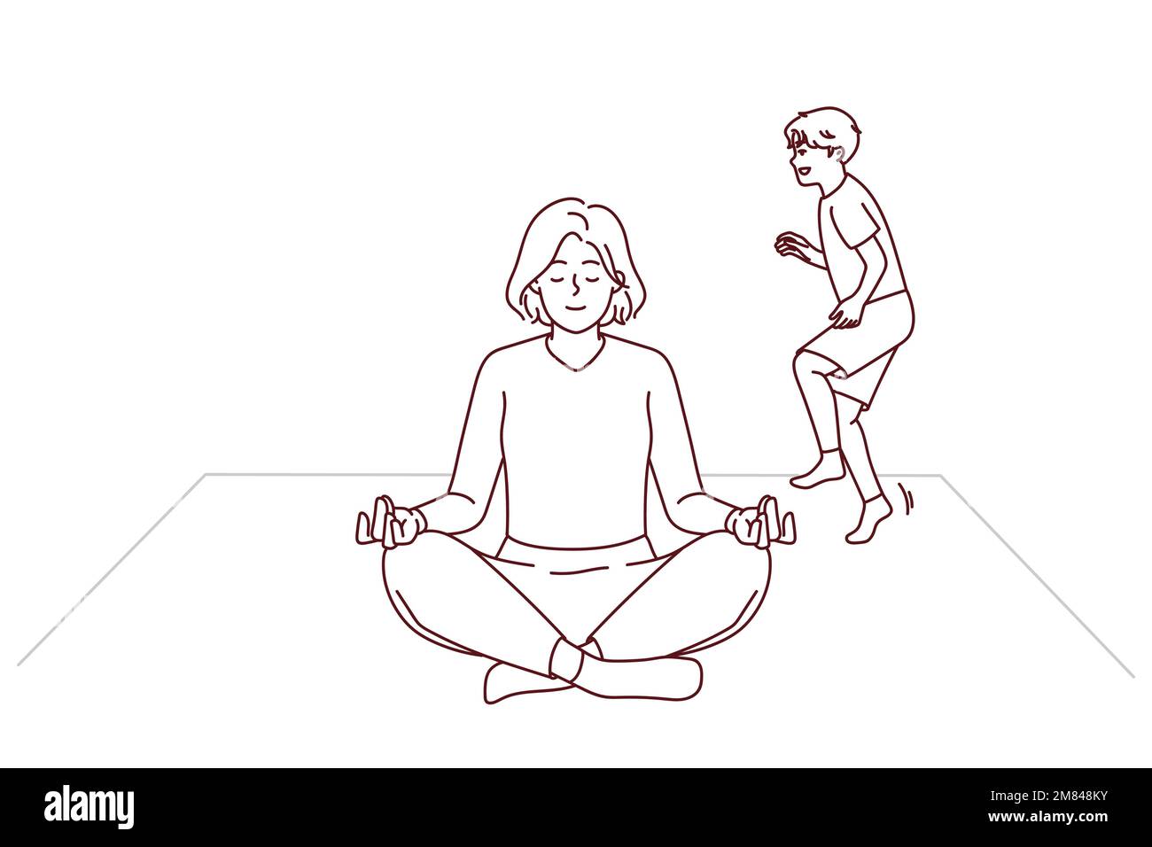 Calme jeune maman méditer à la maison avec l'enfant jouant à proximité. Une femme détendue s'assoit dans la position de lotus pratiquer le yoga distrait de l'enfant méchant. Illustration vectorielle. Illustration de Vecteur