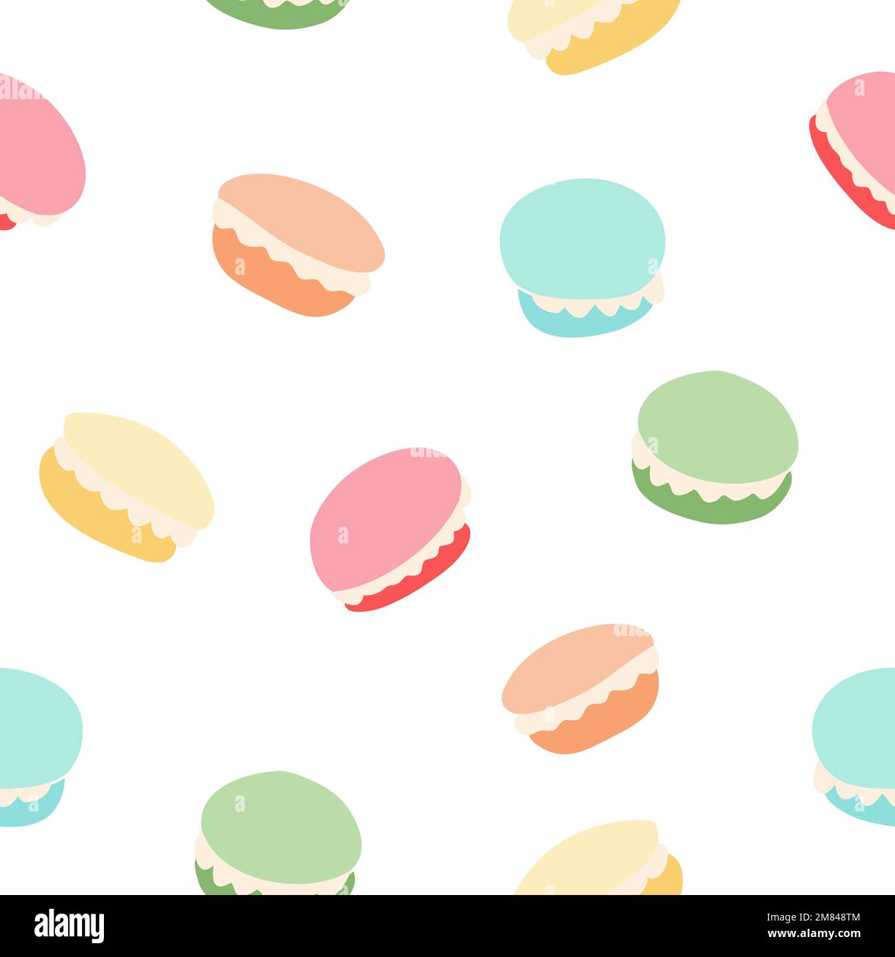 Macaron Sweet Candy sans coutures. Cute french confection cakes fond coloré. Pâtisserie à dessert dessinée à la main. Illustration vectorielle. Illustration de Vecteur