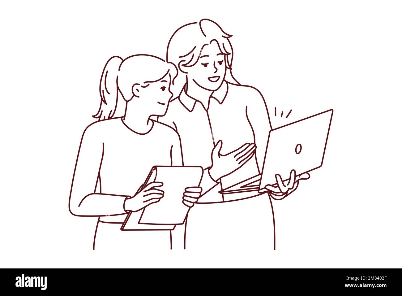 Les femmes d'affaires remue-méninges en utilisant un ordinateur portable Les femmes travaillent ensemble pour discuter d'idées commerciales sur ordinateur. Illustration vectorielle. Illustration de Vecteur