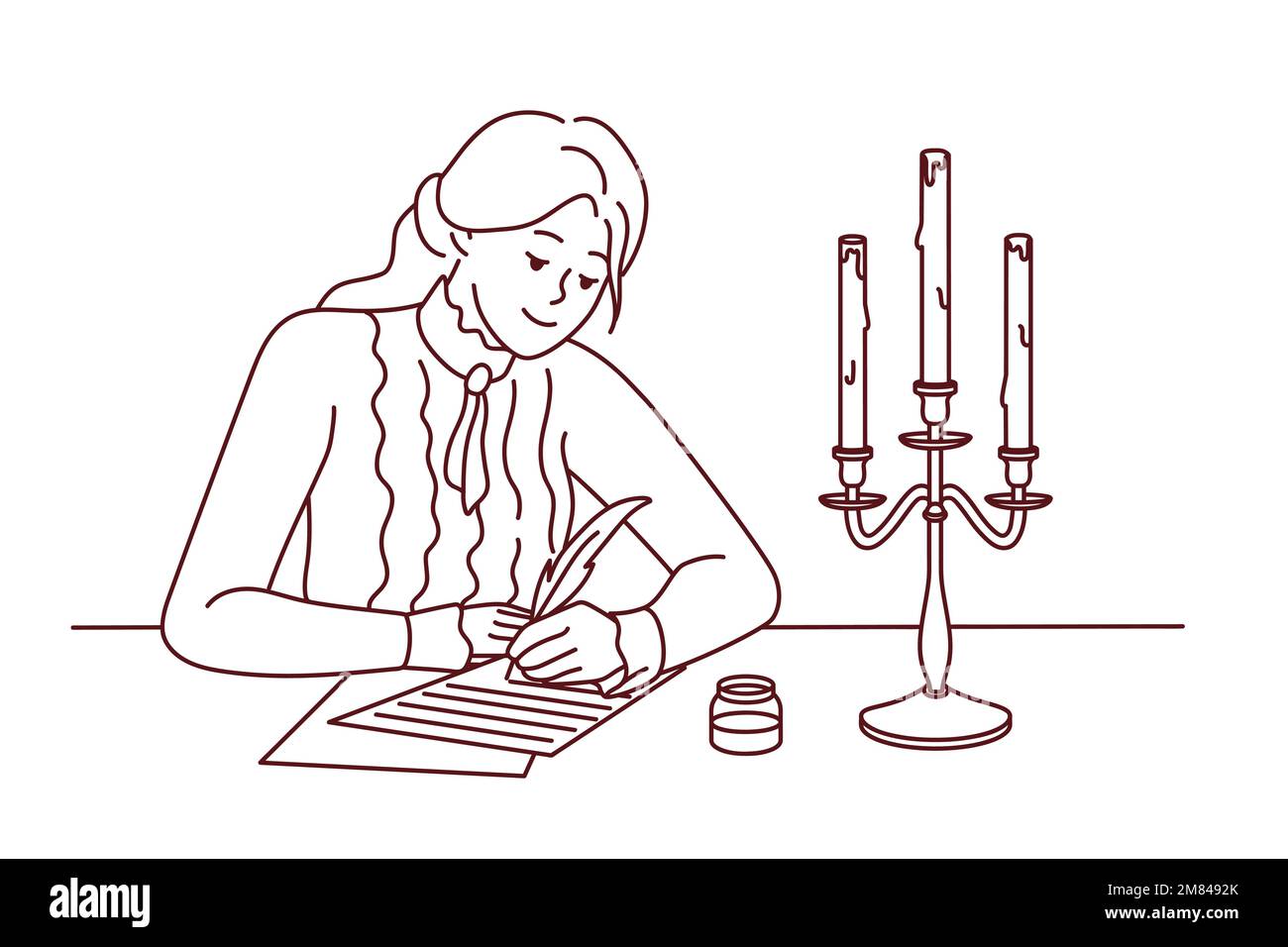 Une jeune femme en vêtements rétro s'assoit au bureau écrire avec des plumes et des bougies allumées. Bonne dame écrit sur le papier pendant les temps anciens. Style vintage. Illustration vectorielle. Illustration de Vecteur