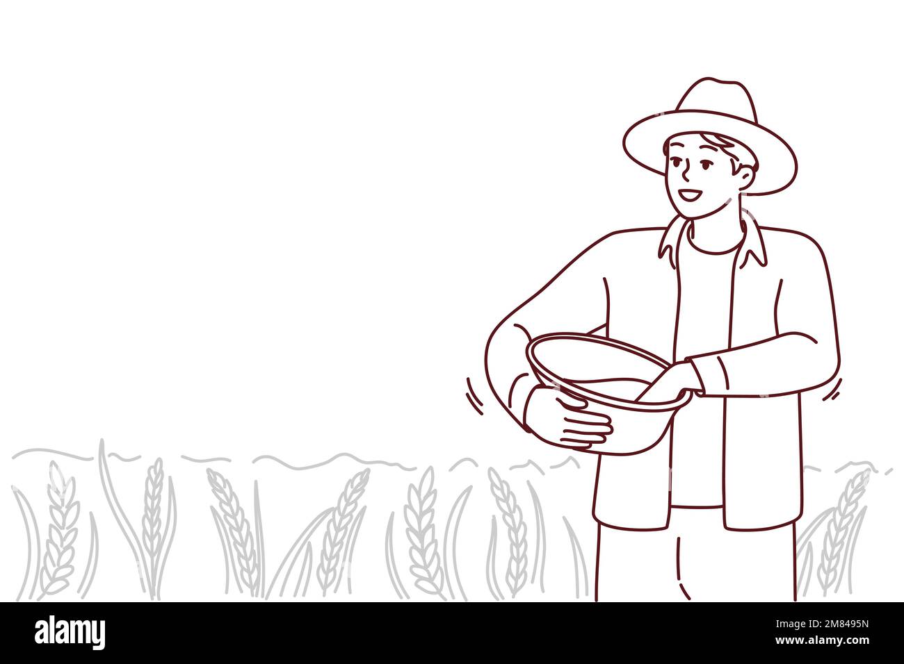 Agriculteur travaillant au champ pendant la saison de récolte. Homme souriant occupé avec l'agriculture sur les pâturages ou les terres cultivées. Illustration vectorielle. Illustration de Vecteur