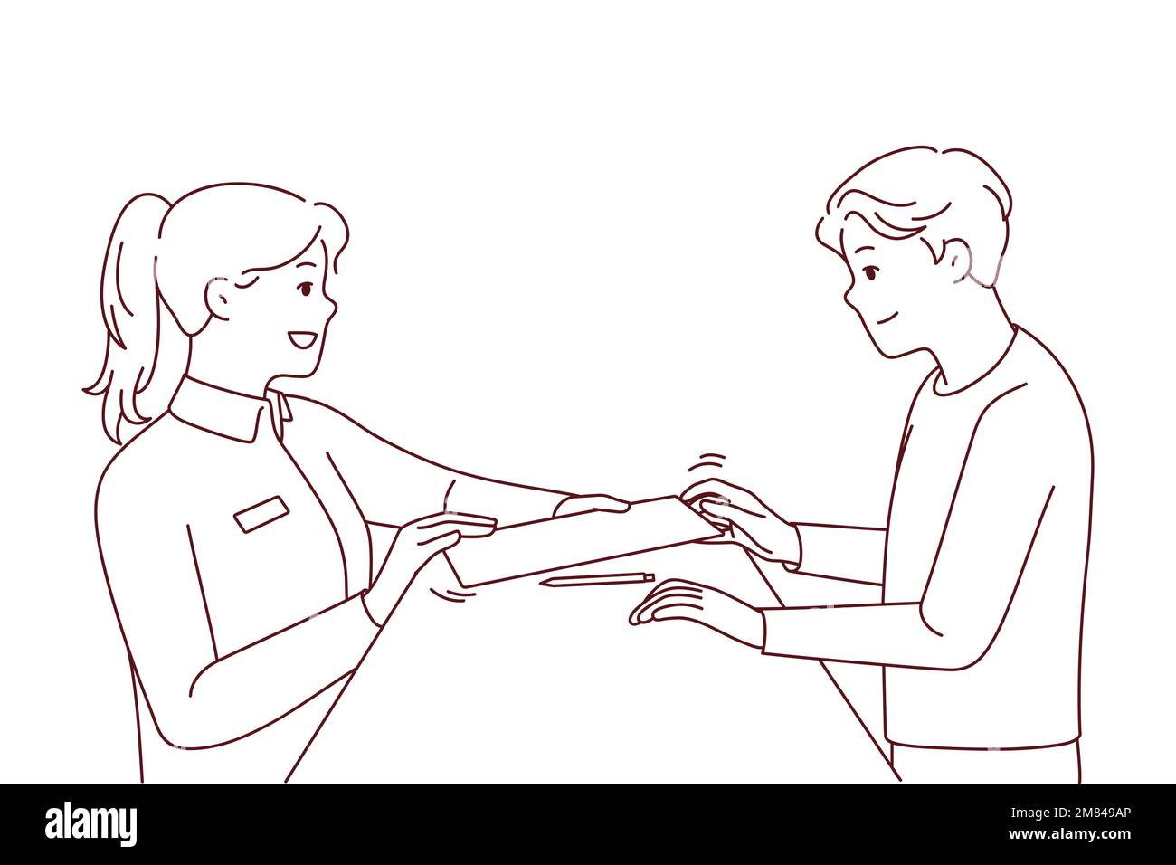 Une réceptionniste donne le document à signer pour le client à l'hôtel. Une femme administratrice doit remettre les documents au client pour signature à la réception. Illustration vectorielle. Illustration de Vecteur