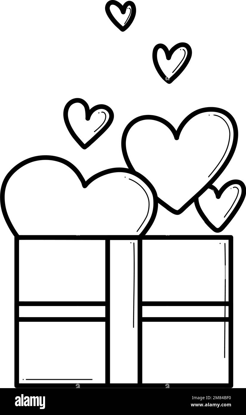 Icône de boîte cadeau dessinée à la main avec coeurs et noeuds en forme de doodle. Boîte cadeau de dessin animé avec amour pour le jour de la Saint-Valentin, anniversaire, mariage, anniversaire. Illustration de Vecteur