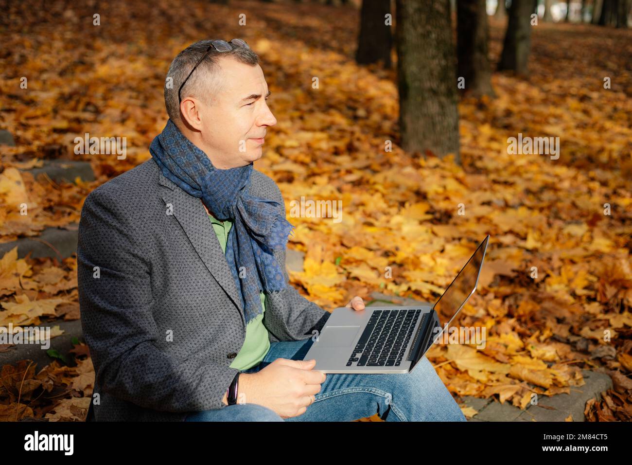 Un homme d'affaires vieillissant s'assoit dans un escalier recouvert de feuilles jaunes tombées dans la forêt et travaille sur un ordinateur portable, vue latérale. Banque D'Images