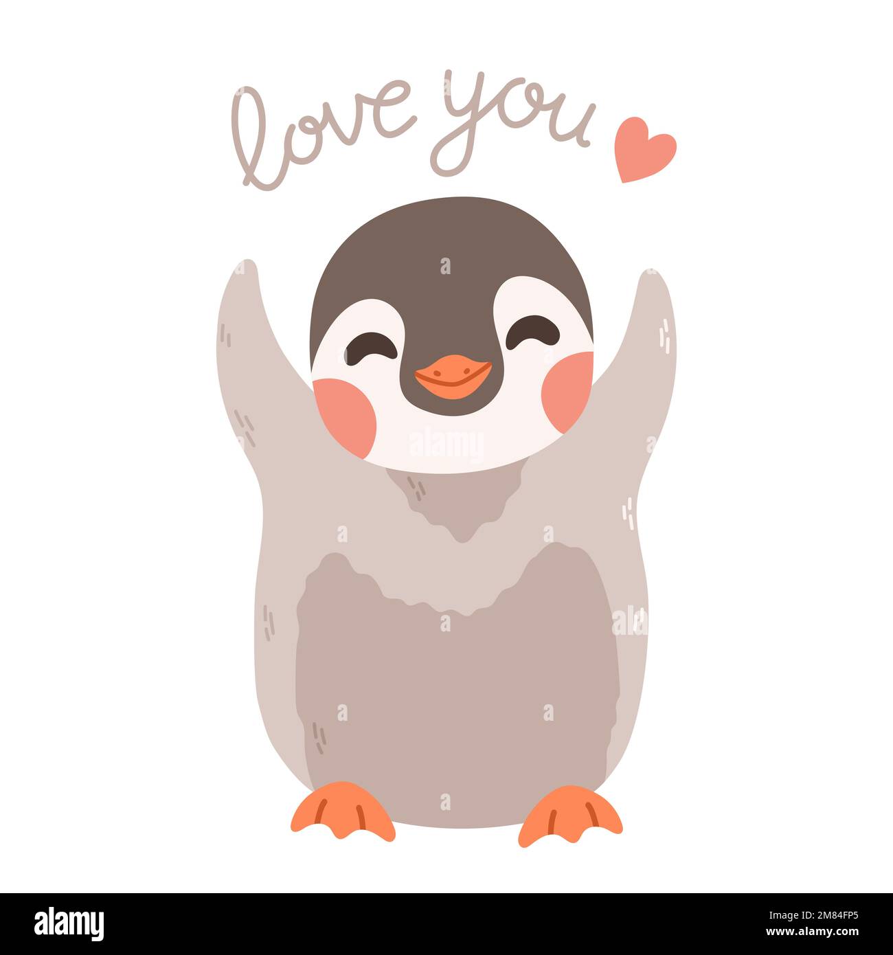 Un joli pingouin avec des lettres vous aime et vous aime le coeur. Vecteur de dessin animé de pingouin. Illustration de Vecteur