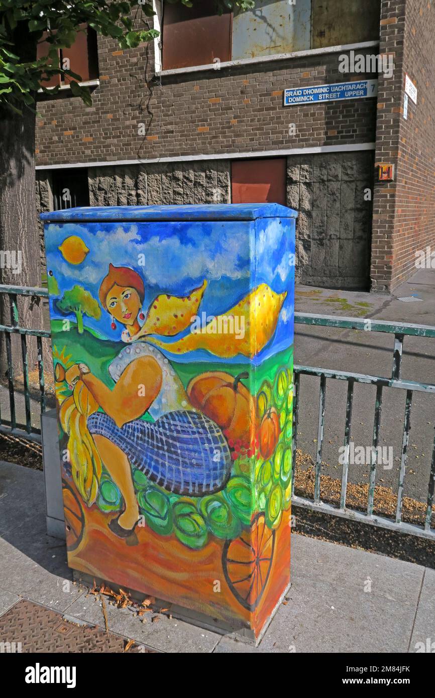 Boîte téléphonique peinte, art de la rue sur Dominick Street Upper, Dublin, Eire, Royaume-Uni Banque D'Images