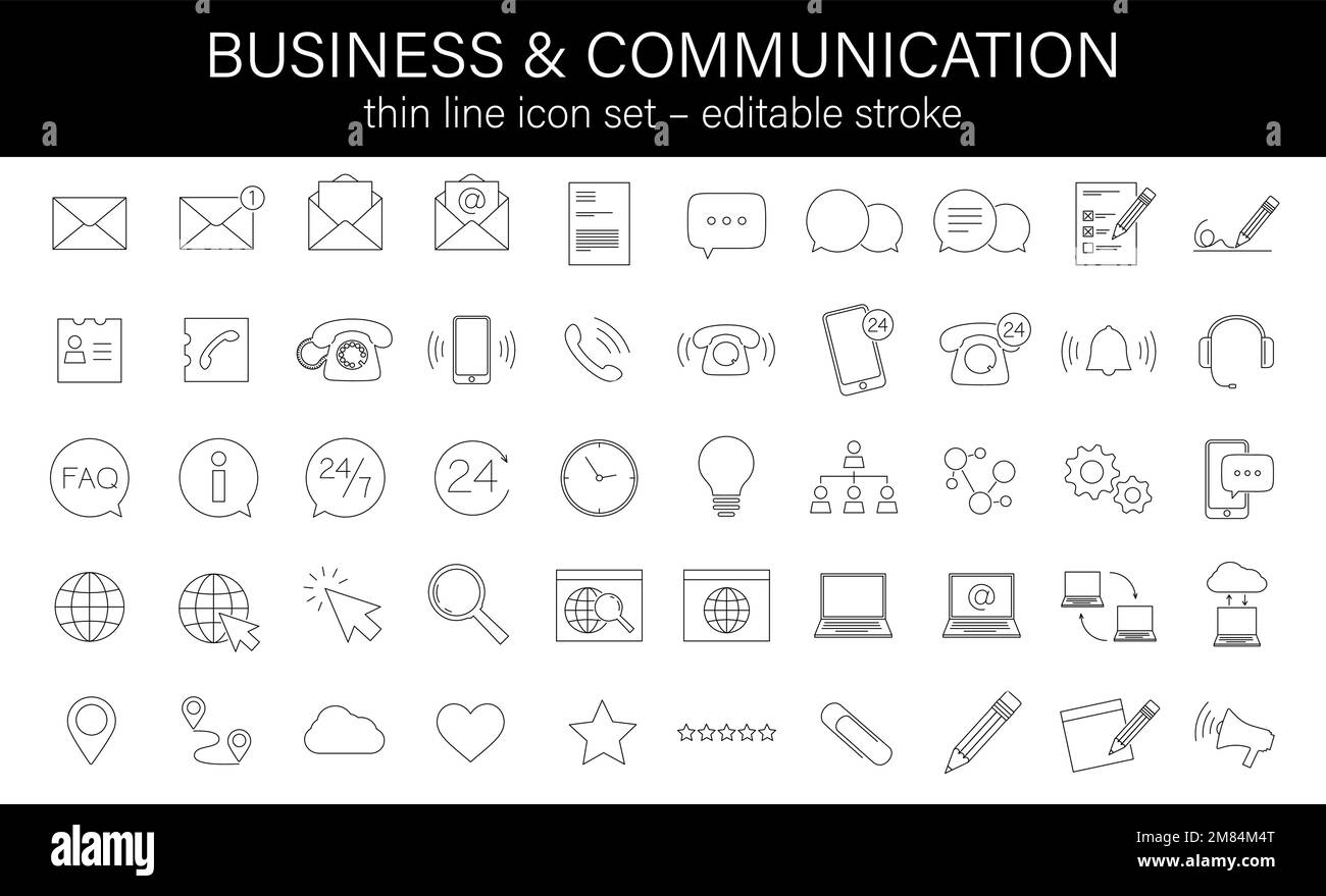 jeu d'icônes de communication et d'entreprise en ligne fine, illustration vectorielle de contour modifiable Illustration de Vecteur
