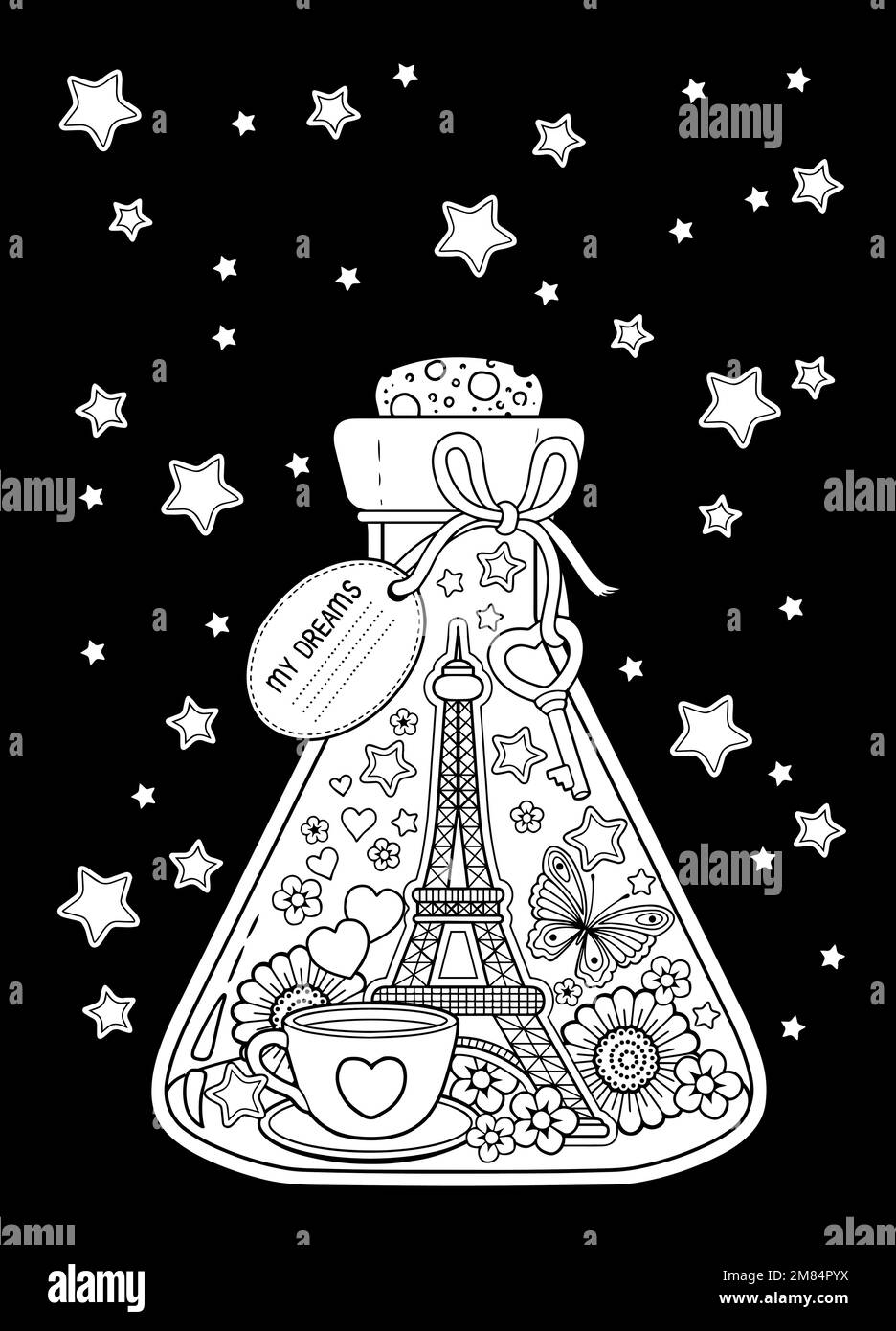 Un pot avec des rêves de voyage à Paris. Une bouteille avec papillon, coccinelle, feuilles, tasse de café, valentines et Tour Eiffel. Livre de coloriage vectoriel pa Illustration de Vecteur