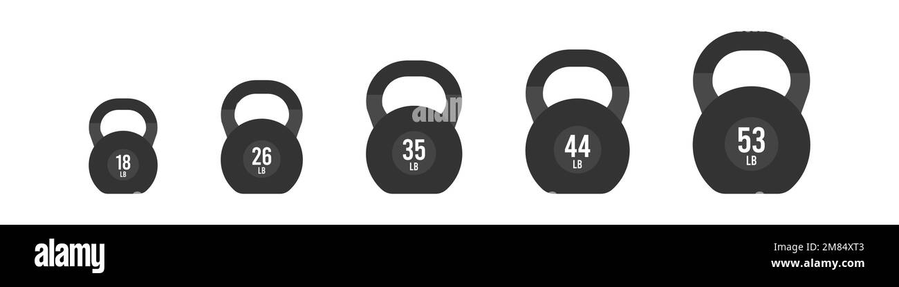 Ensemble d'icônes remplies de kettlebells. Différents poids et tailles : 18, 26, 35, 44 et 53 lb. Illustration vectorielle, conception plate Illustration de Vecteur