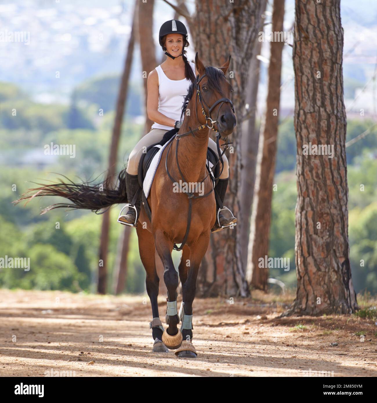 Restez calme et partez à cheval. Une belle jeune femme souriant tout en montant son cheval de châtaignier. Banque D'Images