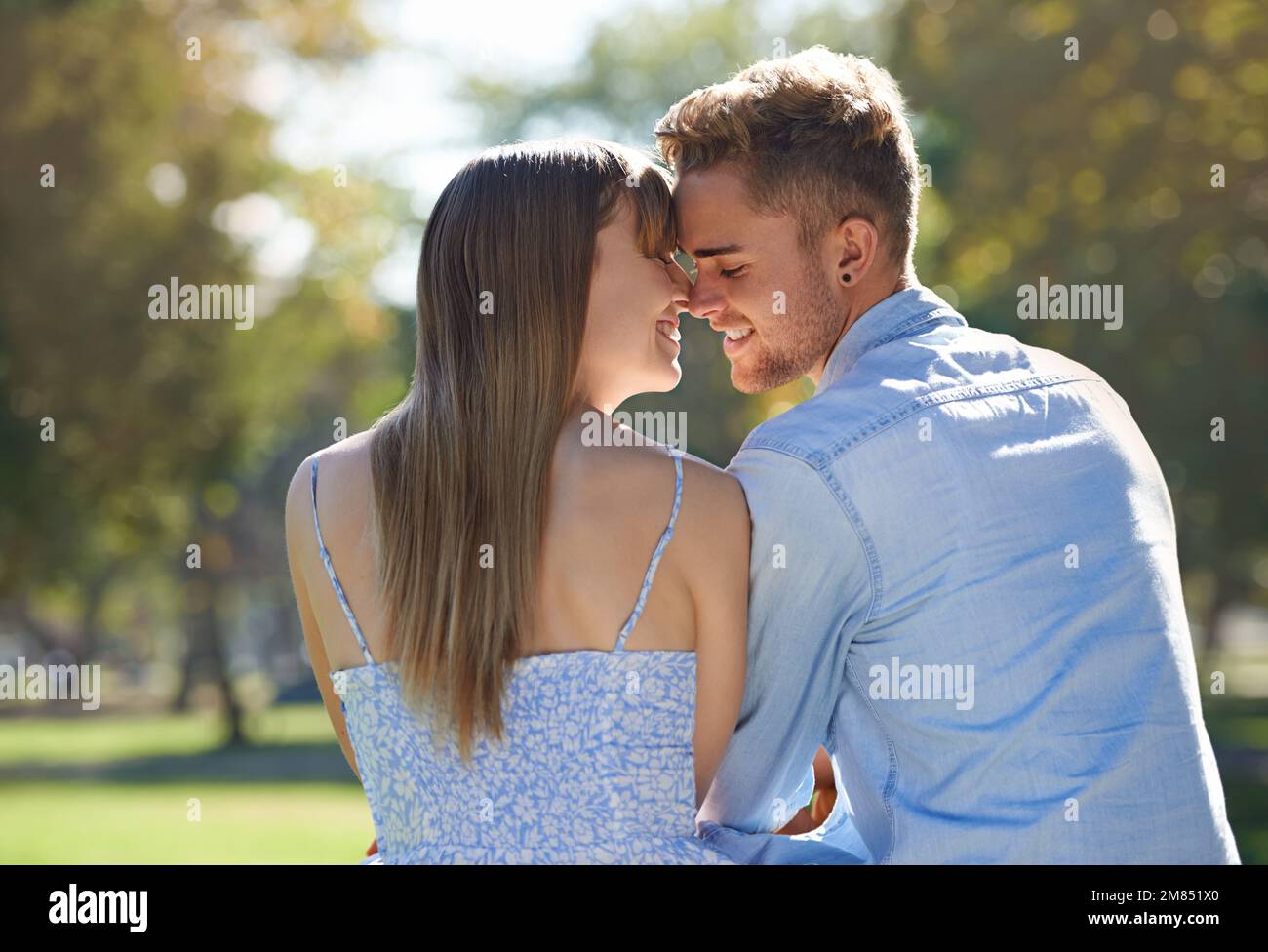 Amour ensoleillé. Vue arrière d'un jeune couple assis sur un banc et profitant d'une journée dans le parc. Banque D'Images