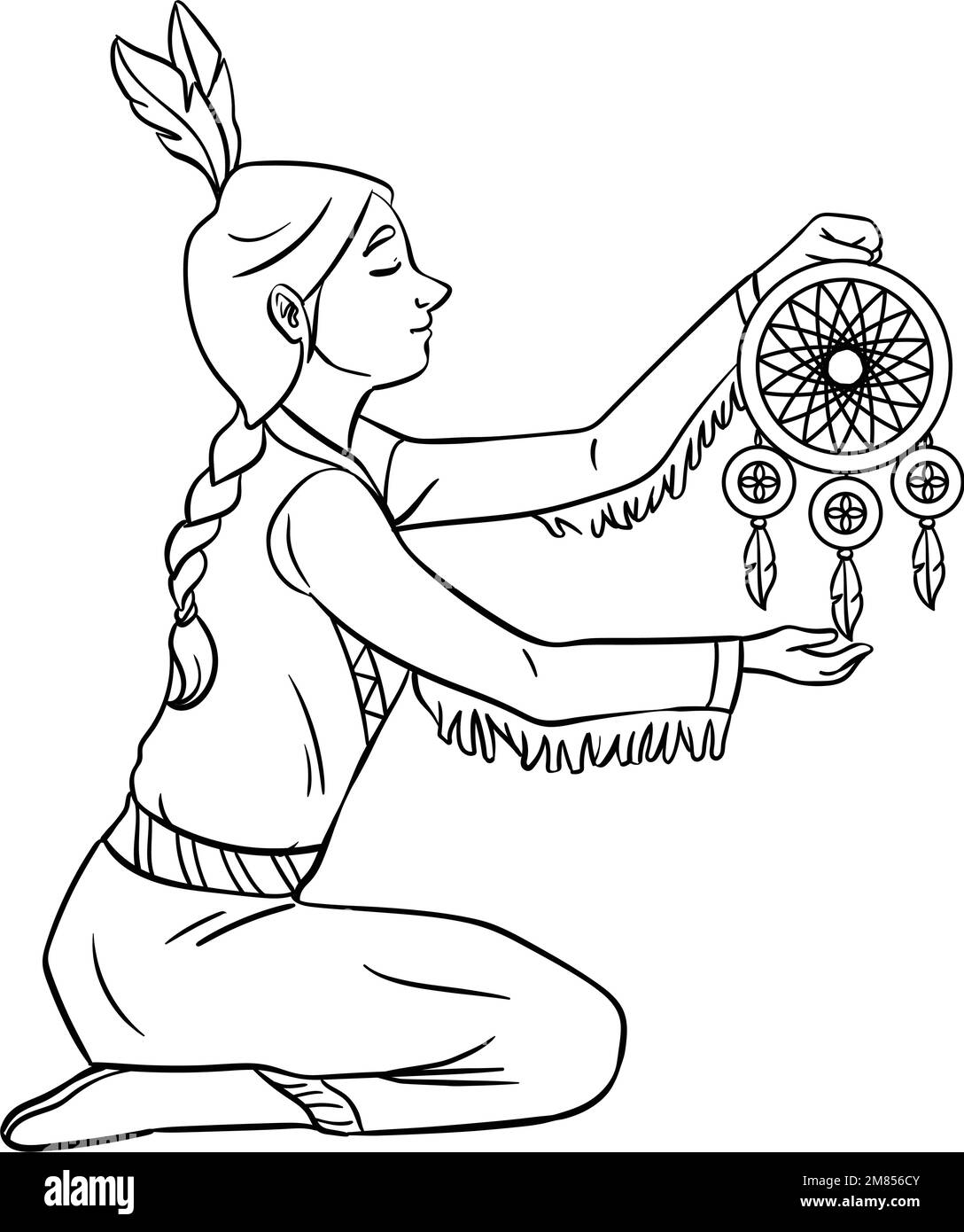 Fille indienne autochtone Dreamcatcher isolée Illustration de Vecteur